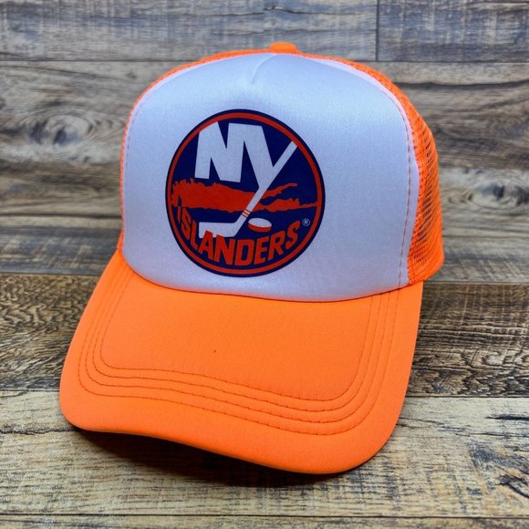 New York Islanders Mens Trucker Hat Orange Snapback Retro Logo Hockey Ball Cap - Picture 1 of 8